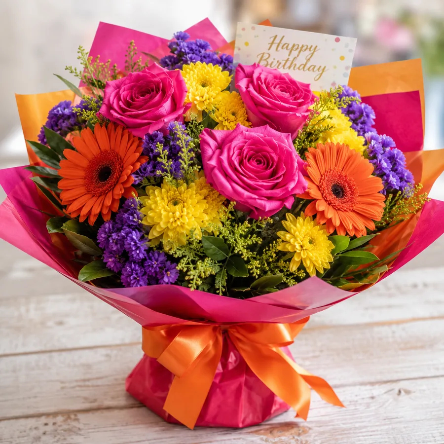 Colourful birthday bouquet of hot pink roses, orange gerbera daisies and yellow chrysanthemums