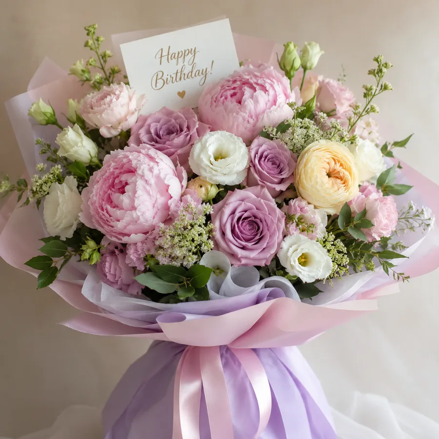 Soft pink birthday bouquet of peonies, mauve roses and lisianthus