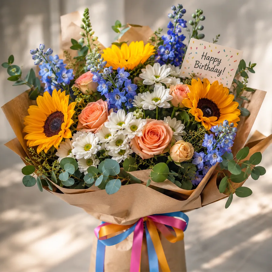 Birthday bouquet of sunflowers, peach roses, white daisies and blue delphinium