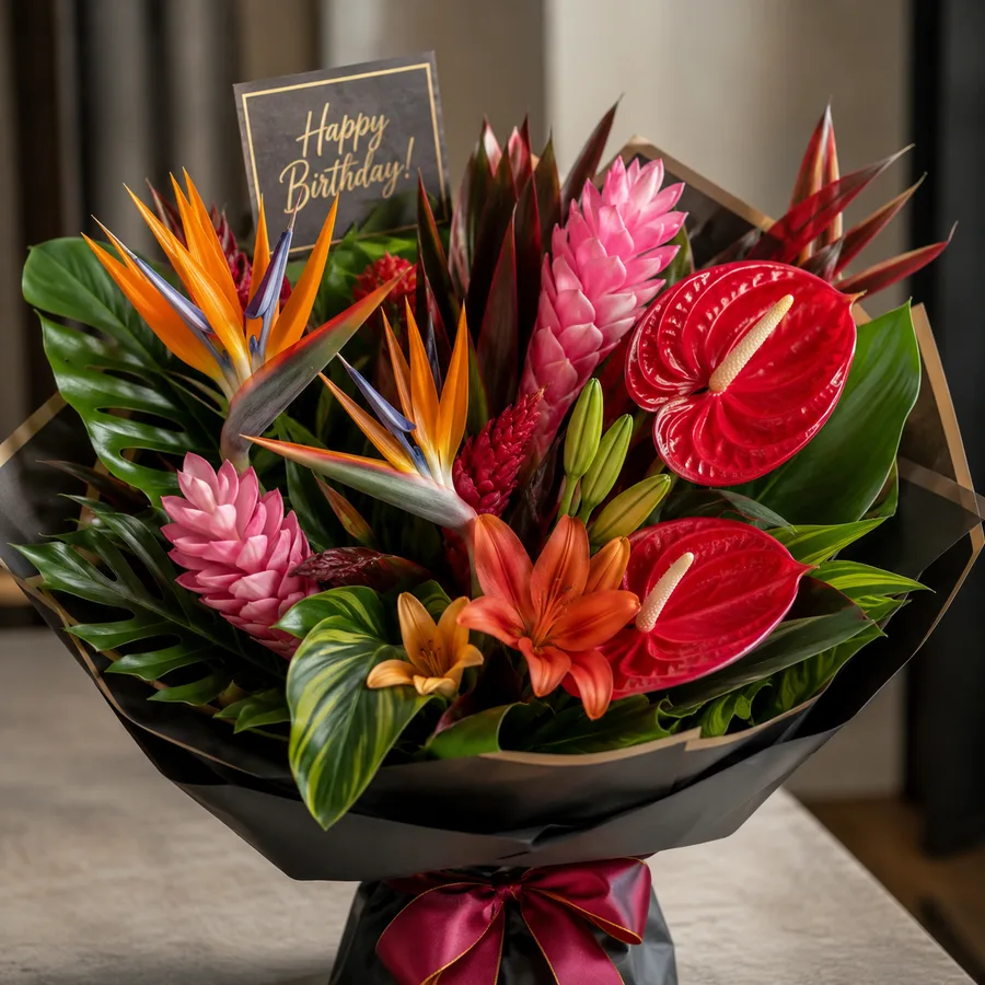 Tropical birthday bouquet with bird of paradise, ginger lily and red anthurium