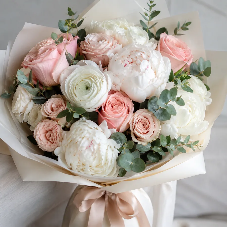 Hand-tied bouquet of blush peonies, pink roses and eucalyptus