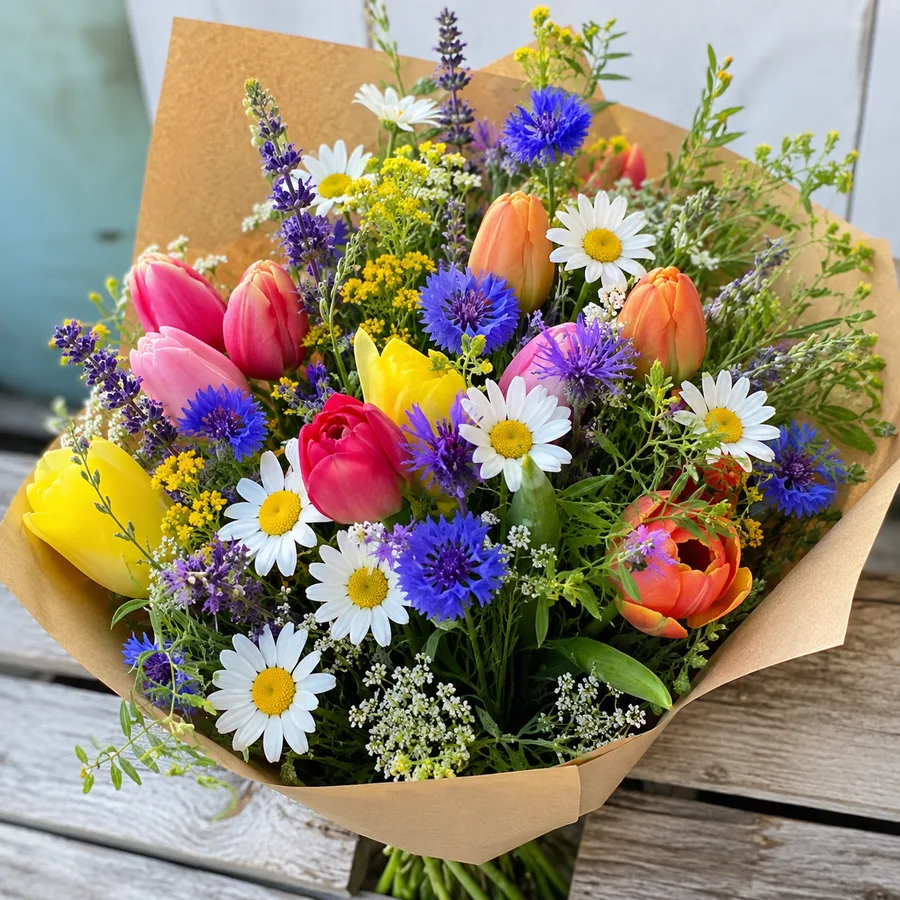 Colourful bouquet of tulips, daisies and cornflowers in kraft paper