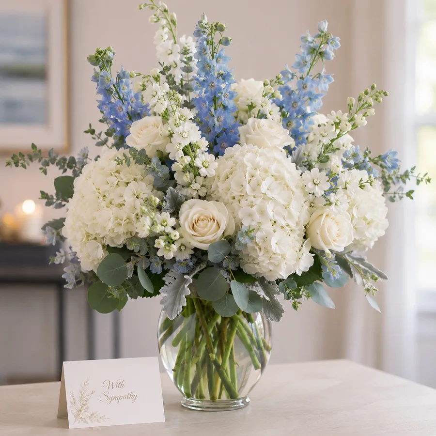 Sympathy vase arrangement of white hydrangea, roses and blue delphinium