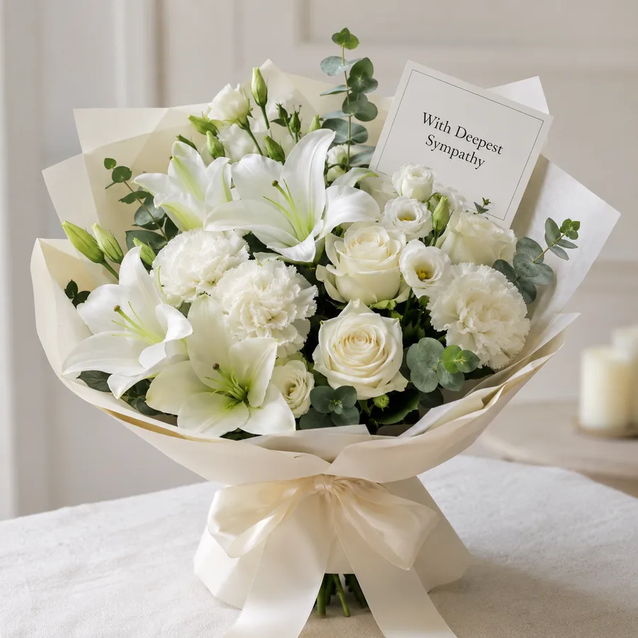 Hand-tied sympathy bouquet of white lilies, roses and carnations wrapped in cream paper