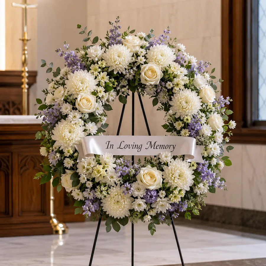 In Loving Memory funeral wreath of white chrysanthemums, roses and lilac flowers
