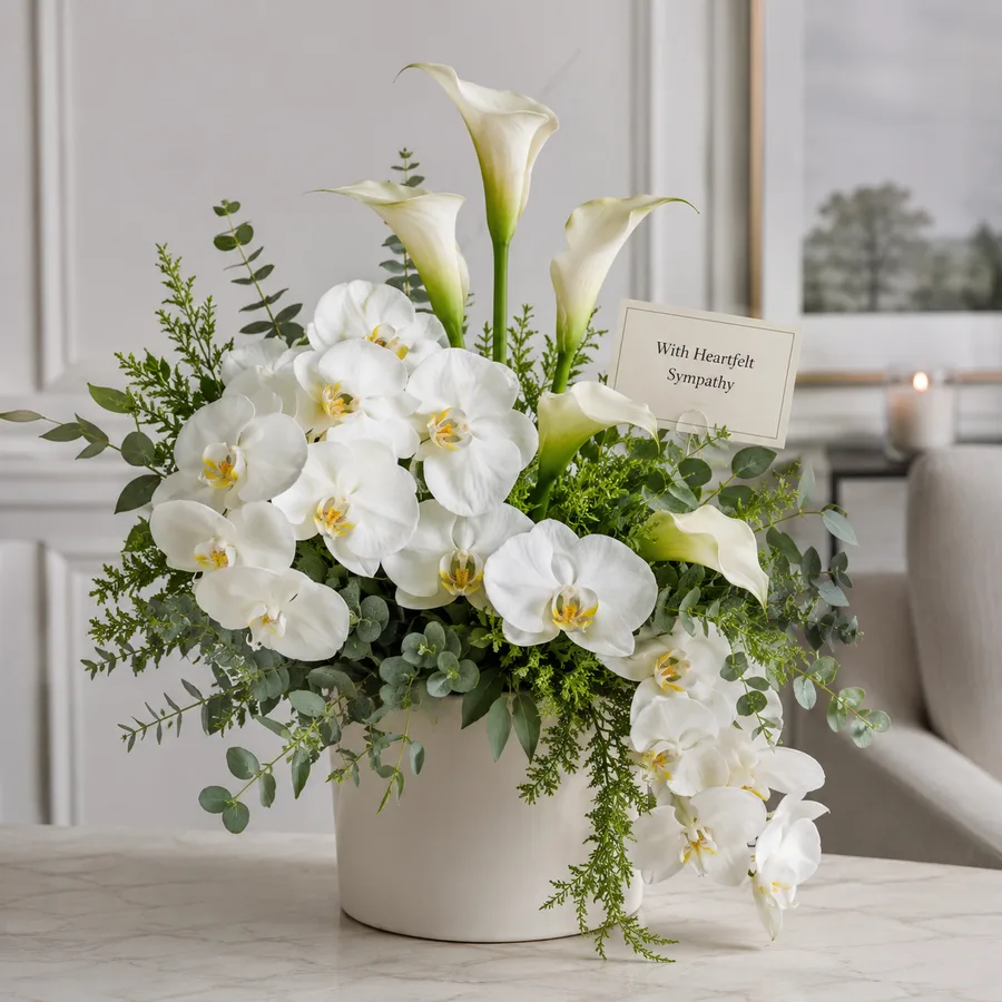 Sympathy arrangement of white phalaenopsis orchids and calla lilies in a ceramic pot
