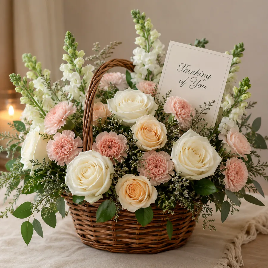 Wicker basket of cream roses, blush carnations and white snapdragons for sympathy