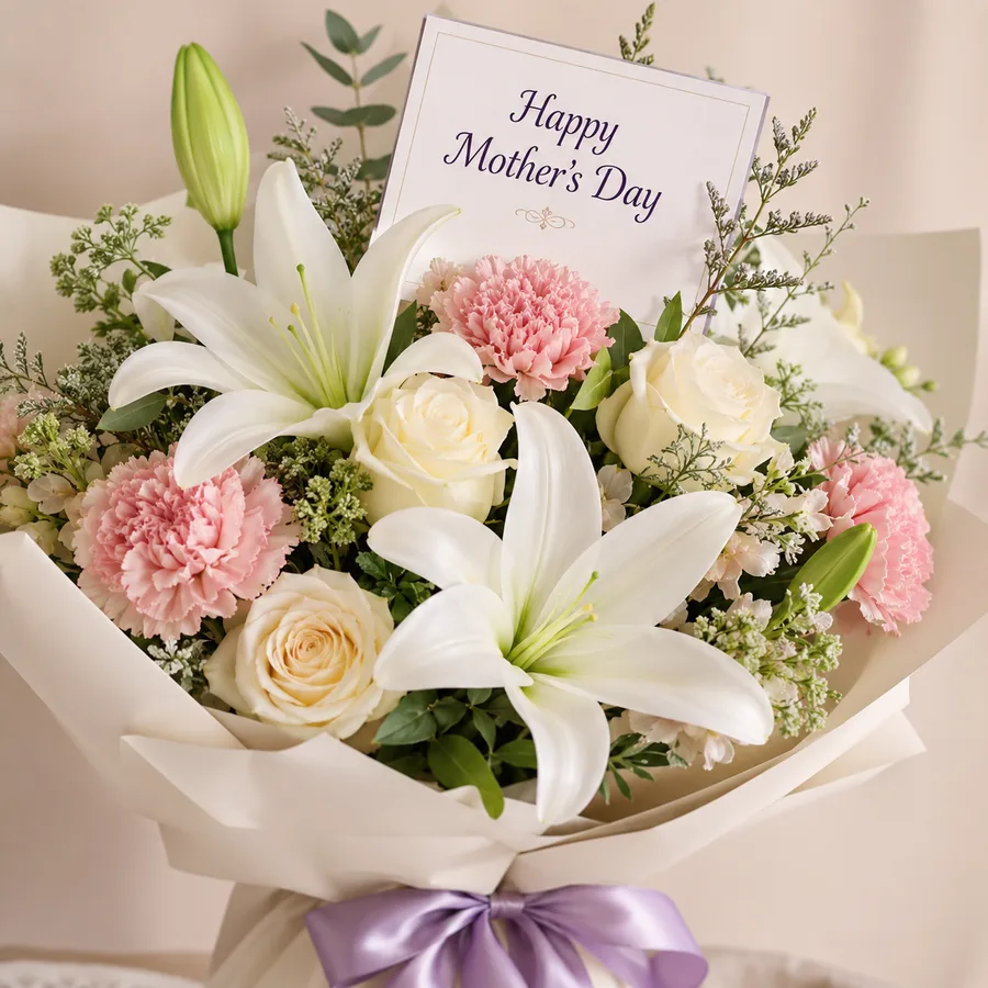 Hand-tied Mother's Day posy of white lilies, cream roses and pink carnations
