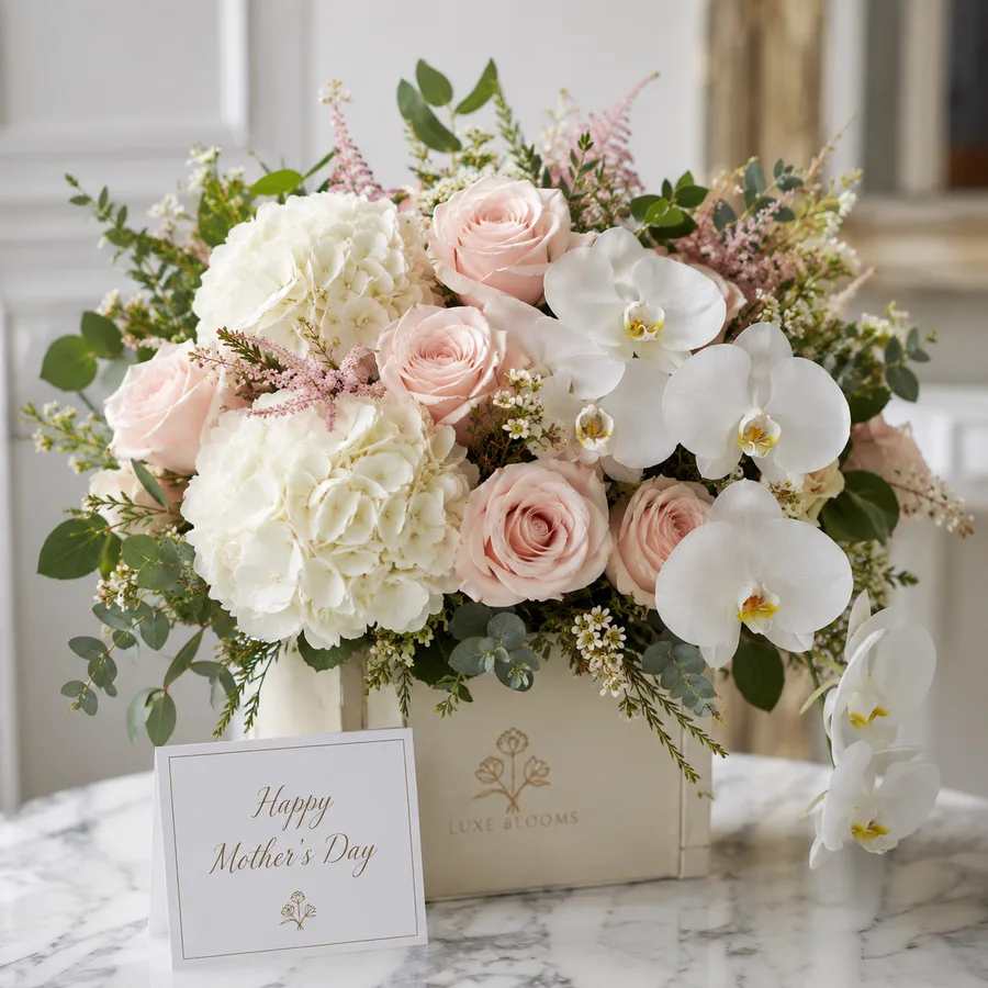 Boxed Mother's Day arrangement of blush roses, white hydrangea and orchids