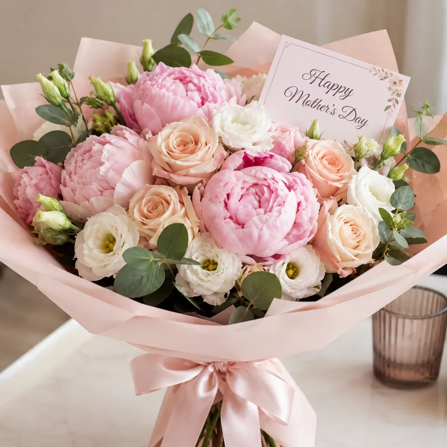 Hand-tied Mother's Day bouquet of pink peonies, peach roses and lisianthus