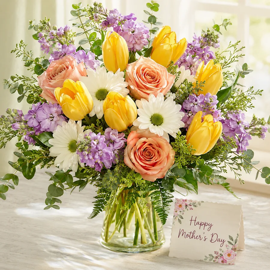 Spring vase arrangement of yellow tulips, peach roses and white daisies