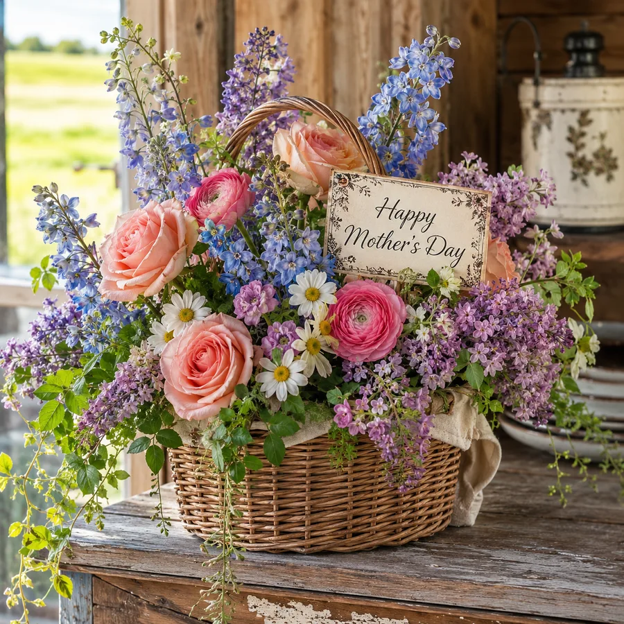 Wicker basket of peach roses, pink ranunculus and blue delphinium for Mother's Day