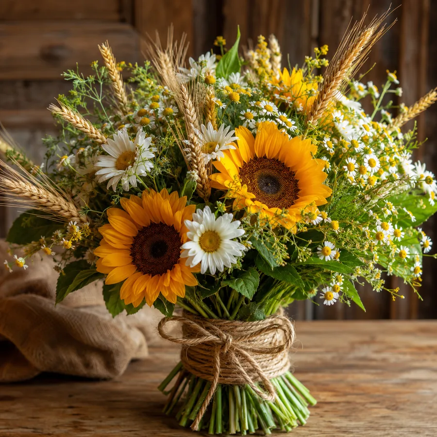 Rustic bouquet of sunflowers, daisies and wheat tied with twine