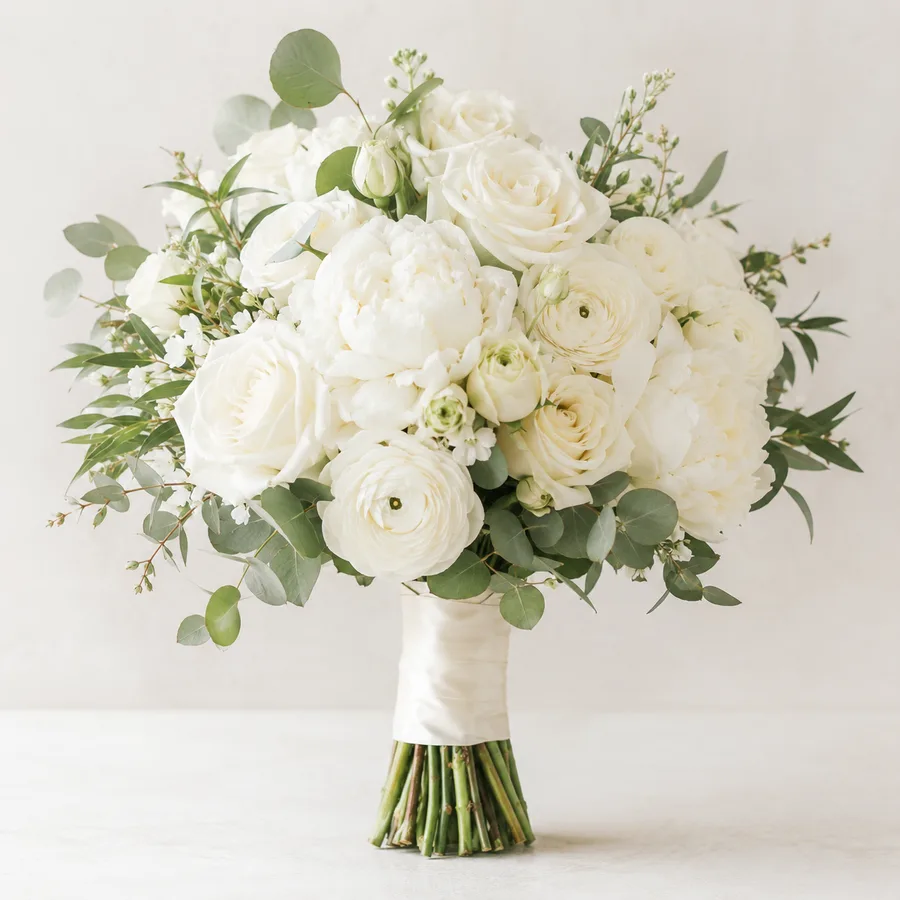 Lush all-white wedding bouquet of roses, peonies and ranunculus