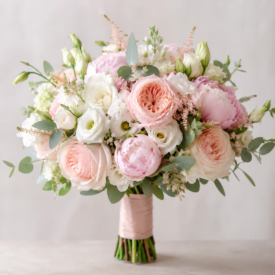 Romantic blush wedding bouquet of pink roses and peonies