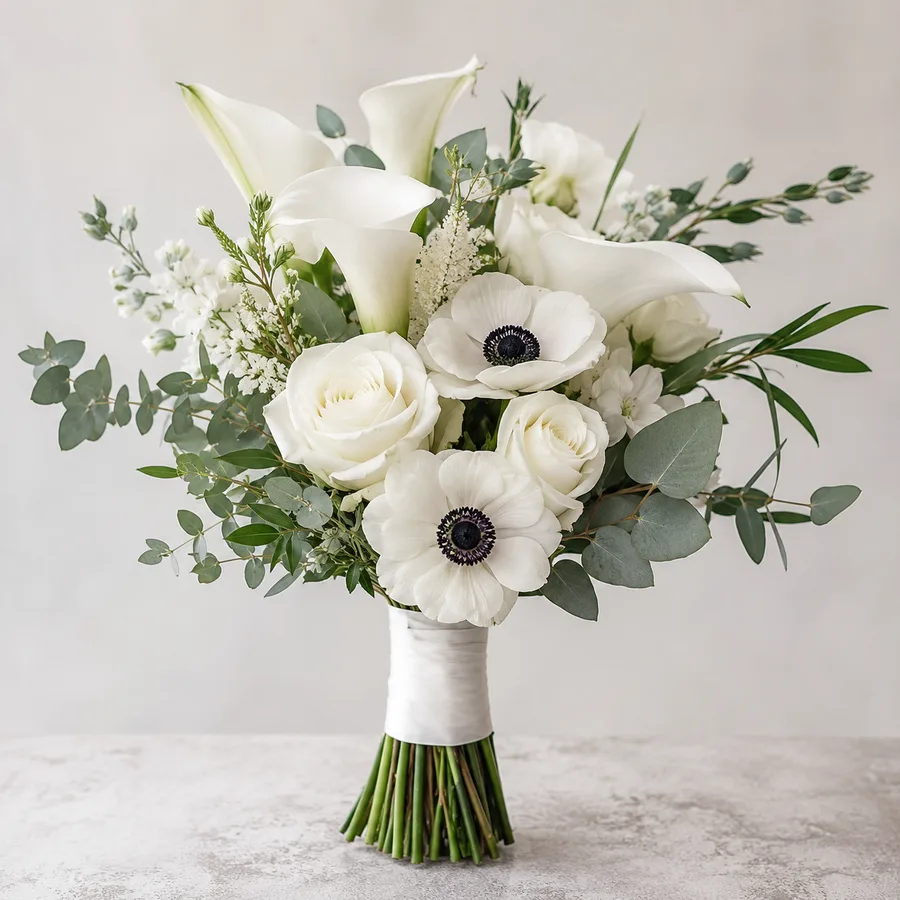 Wedding bouquet of white calla lilies, roses and dark-centred anemones with eucalyptus