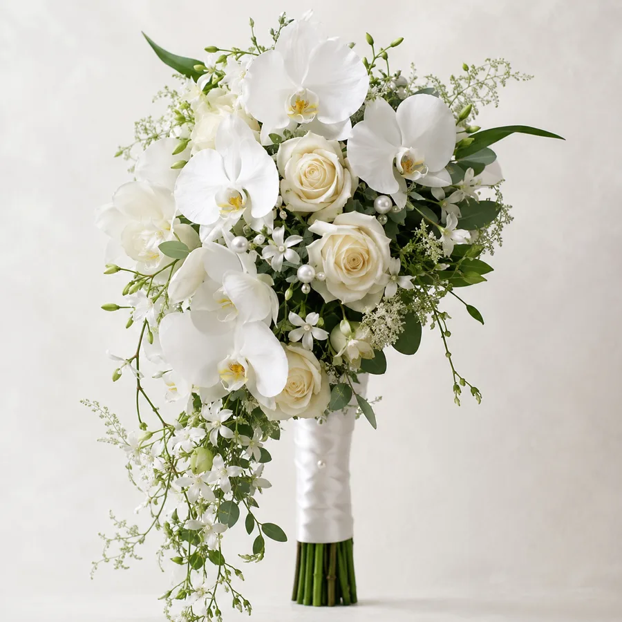 Cascading wedding bouquet of white orchids and roses with pearl sprays