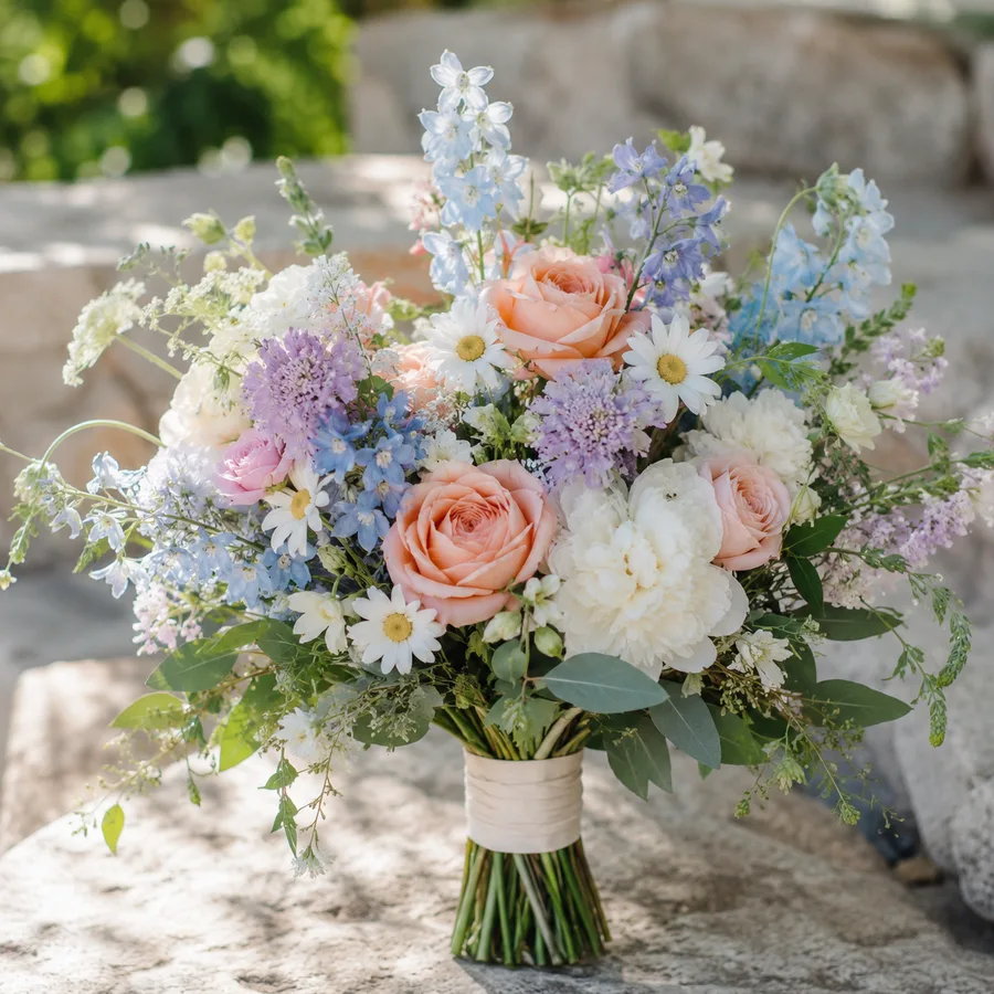 Pastel wildflower wedding bouquet with coral roses, blue delphinium and daisies