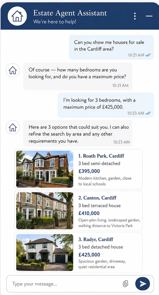 Estate agent chat assistant showing three-bedroom houses for sale in Cardiff within a budget