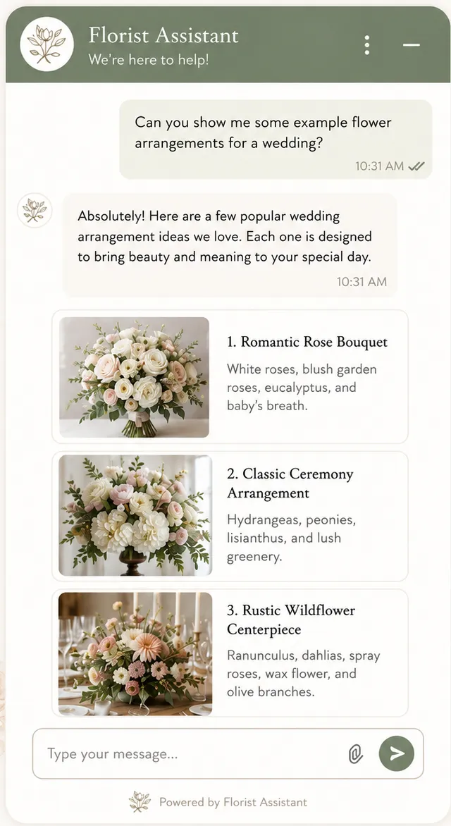 Florist chat assistant recommending wedding flower arrangements with photos and descriptions