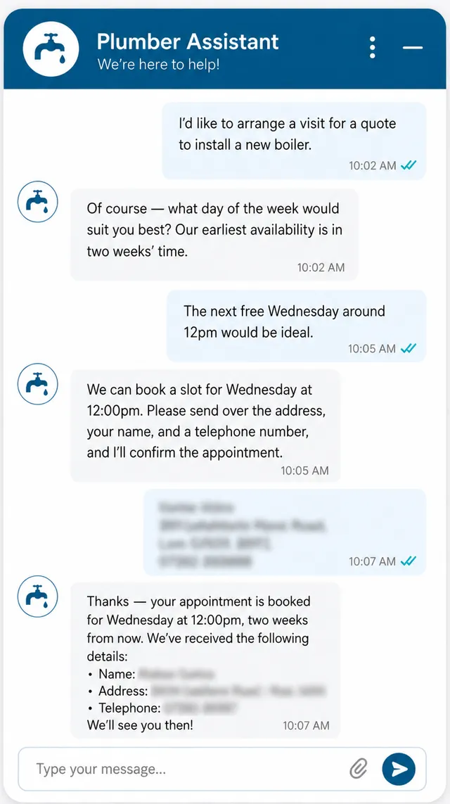 Plumber chat assistant booking a boiler quote appointment and confirming customer details